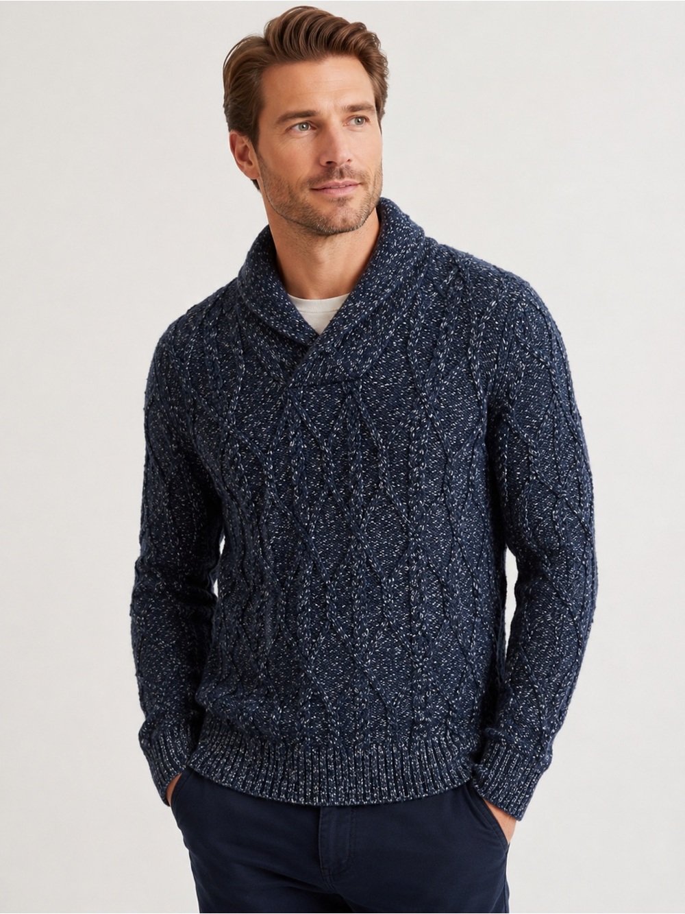 Banana Republic Cable Popover Shawl Collar Knit Sweater Preppy Navy Size Large